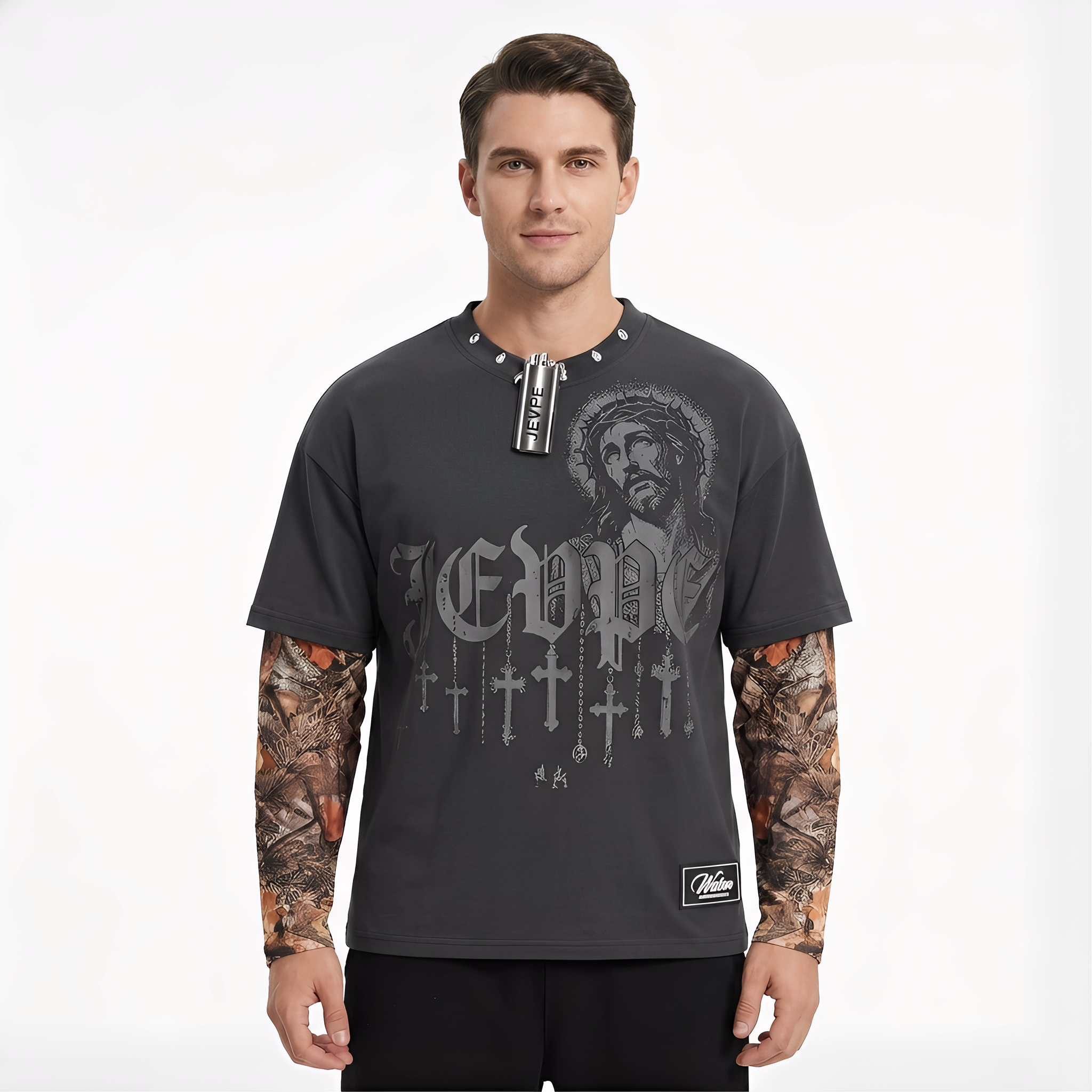 JEVPE men's dark grey faux layer long sleeve T-shirt with gothic Jesus graphic, cross print, chain detail, and studded neckline.