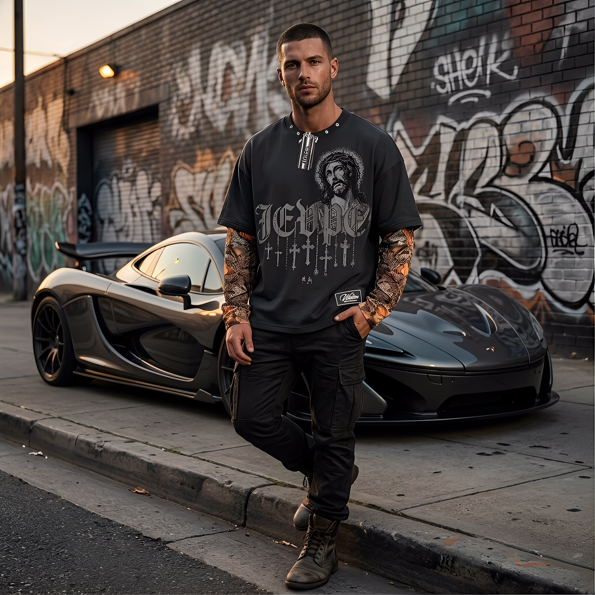 Dark grey JEVPE men's faux layer long sleeve T-shirt with gothic Jesus graphic, cross print, and studded chain neck detail.