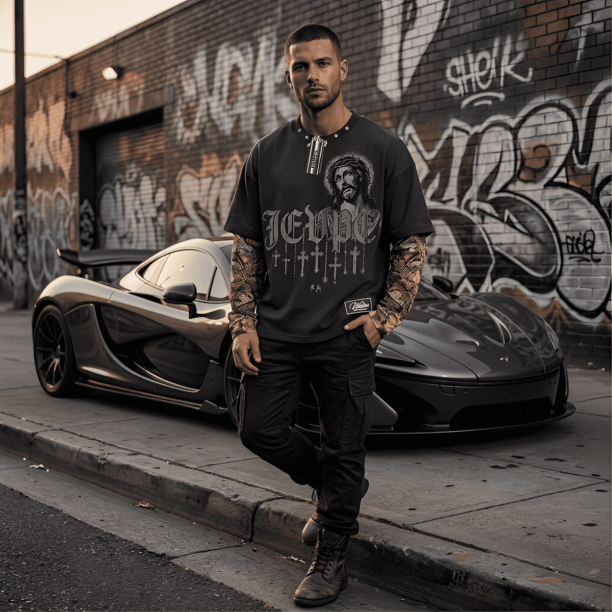 Dark grey JEVPE men's faux layer long sleeve T-shirt with gothic Jesus graphic, cross print, and studded chain neck detail.