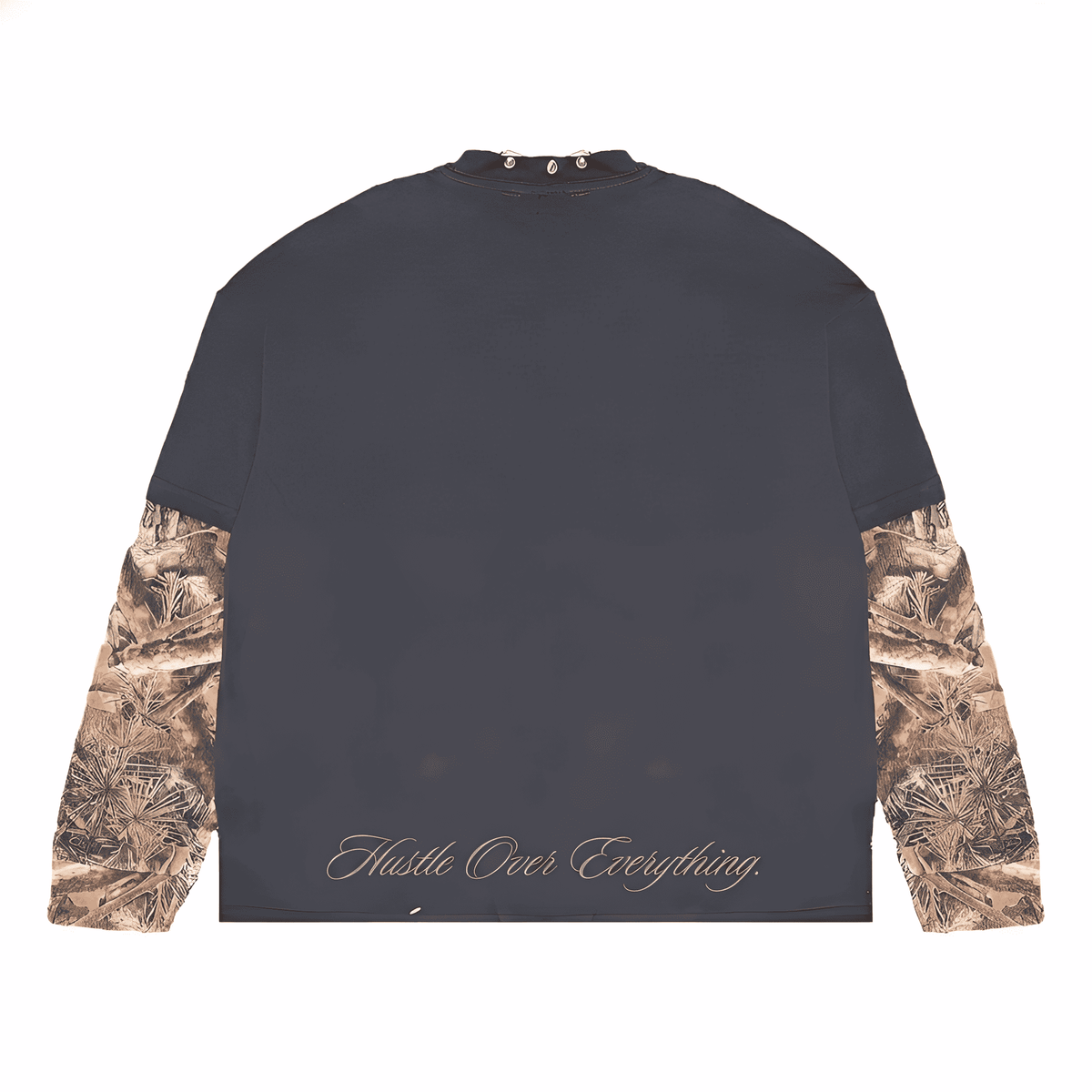 Dark grey JEVPE men's long sleeve T-shirt featuring Gothic Jesus graphic, cross chain print, and studded neckline.