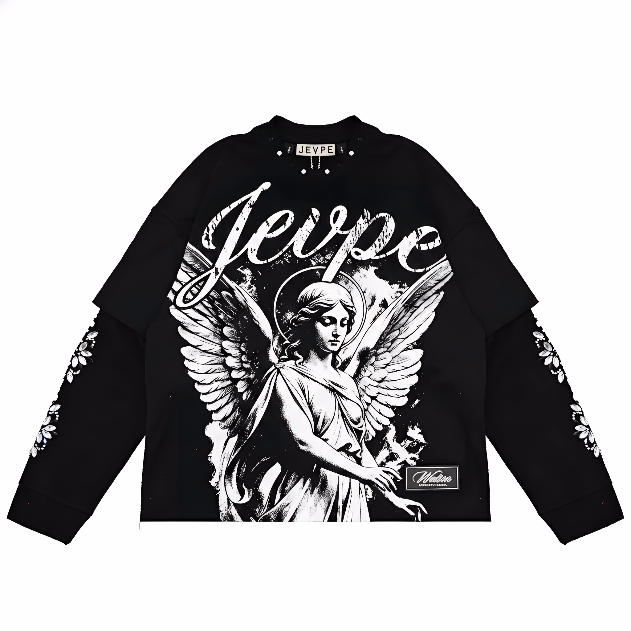 JEVPE men's black gothic long sleeve T-shirt featuring angel statue graphic and studded details, streetwear religious art style.