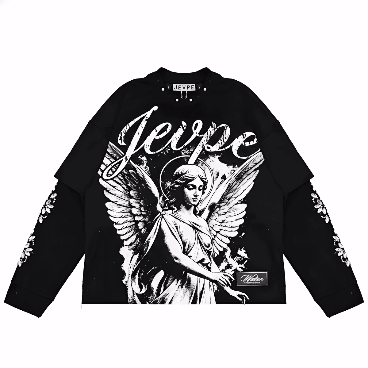 JEVPE men's black gothic long sleeve T-shirt featuring angel statue graphic and studded details, streetwear religious art style.