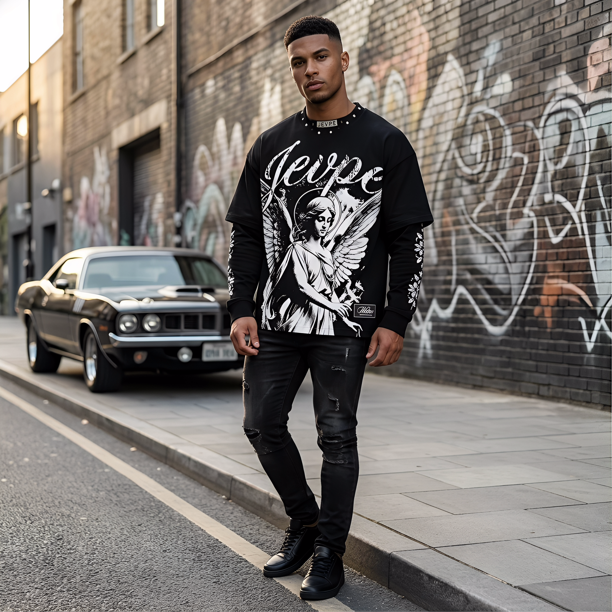 Black long sleeve T-shirt by JEVPE featuring angel statue graphic and studded details, gothic religious streetwear top.