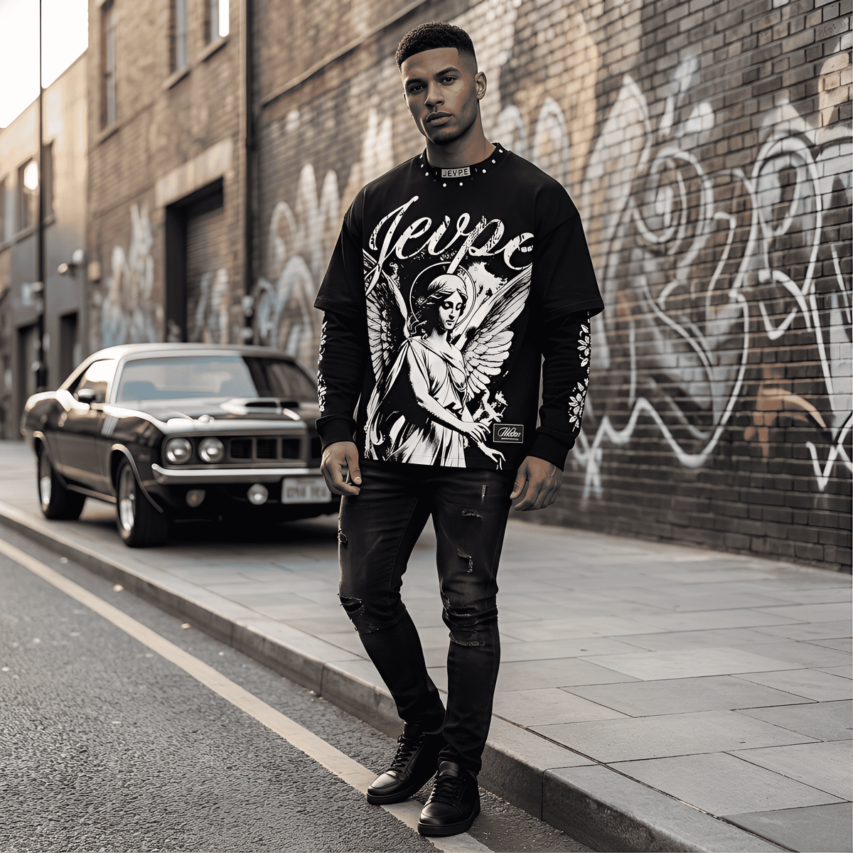 Black long sleeve T-shirt by JEVPE featuring angel statue graphic and studded details, gothic religious streetwear top.