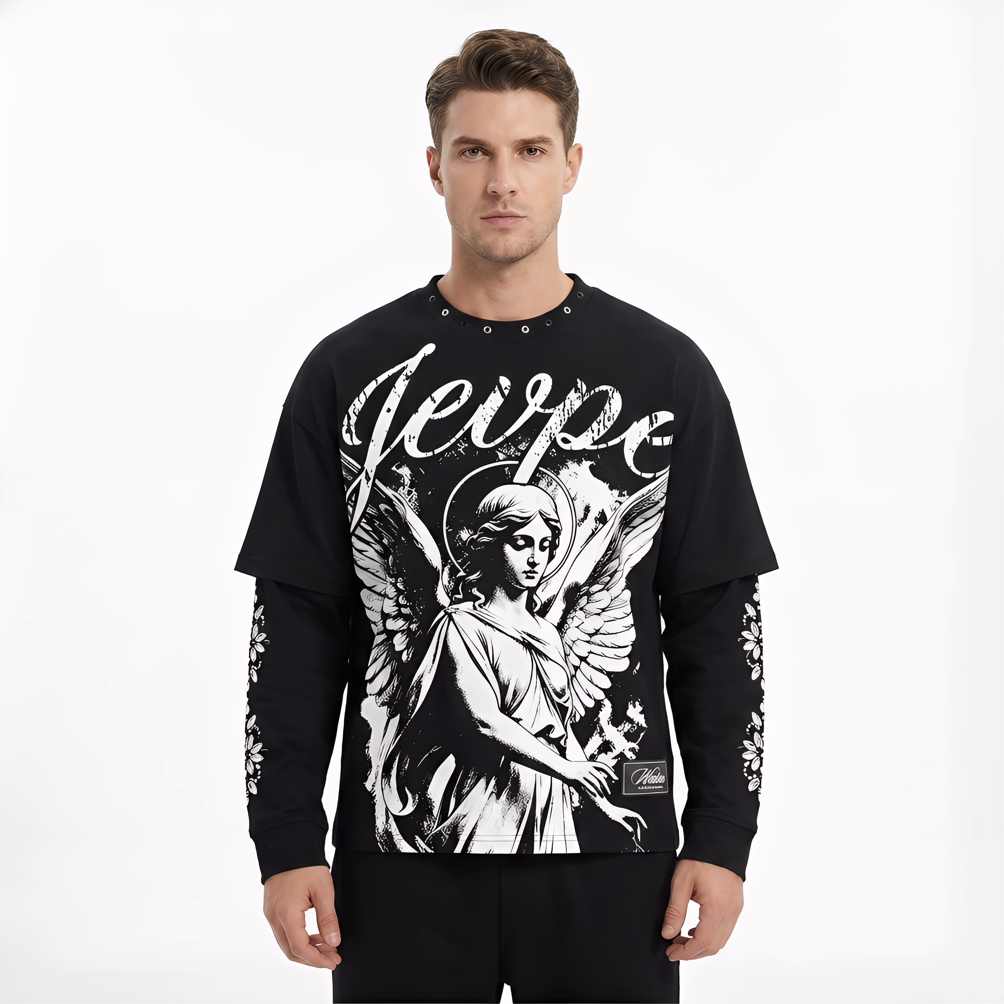 Black Gothic T-shirt by JEVPE featuring angel graphic, studded details, long sleeves, and streetwear style with religious art design.