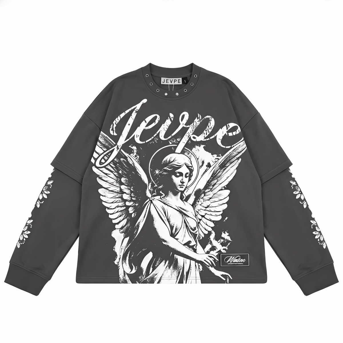 Dark grey JEVPE men's long sleeve T-shirt featuring angel statue graphic and studded details, gothic religious streetwear top.