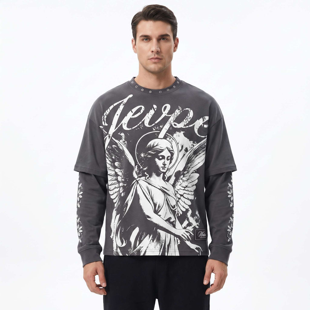 JEVPE men's dark grey gothic long sleeve T-shirt featuring angel statue graphic and studded details, streetwear religious art style