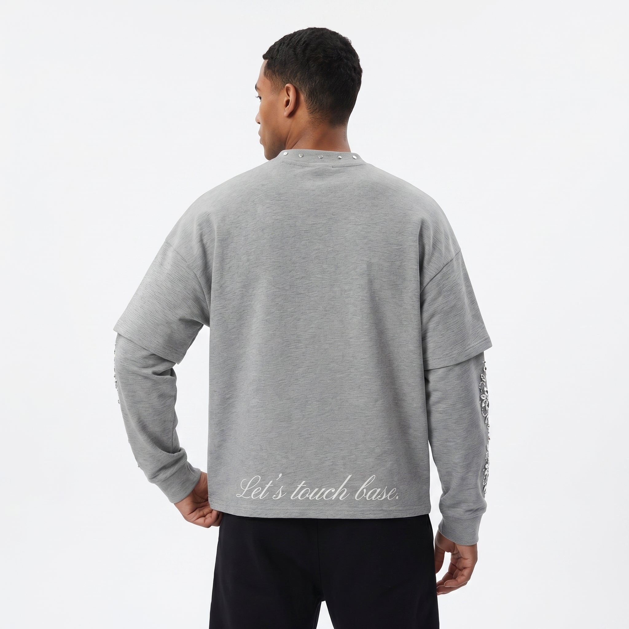 JEVPE men's dark grey long sleeve T-shirt featuring angel statue graphic and studded details, Gothic religious streetwear top.