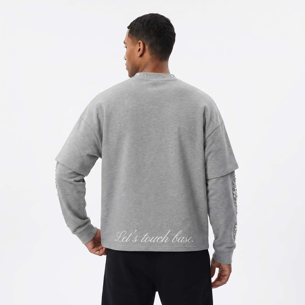 JEVPE men's dark grey long sleeve T-shirt featuring angel statue graphic and studded details, Gothic religious streetwear top.
