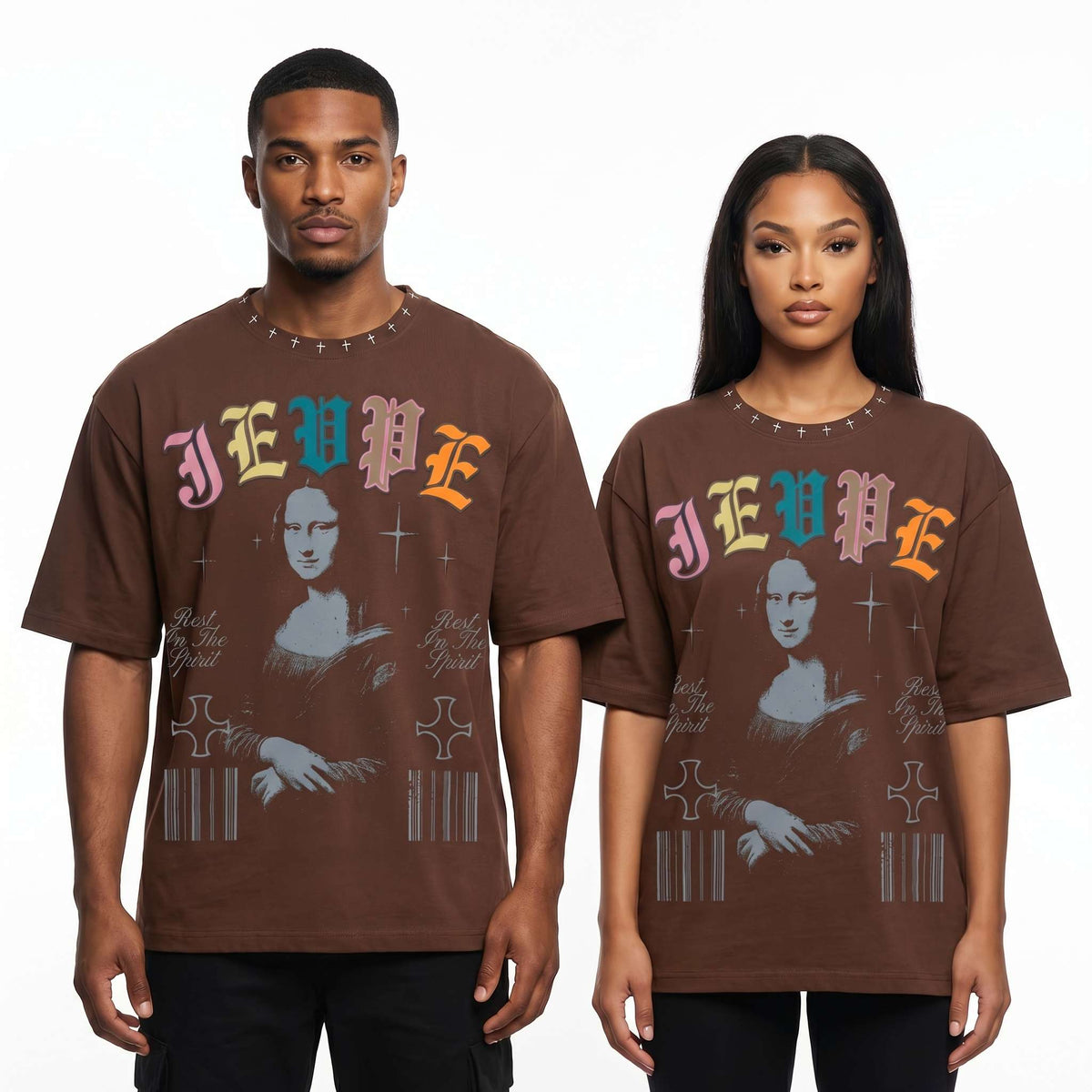 JEVPE men's oversized T-shirt featuring a vintage Mona Lisa graphic, Gothic streetwear style, with bold artistic print.