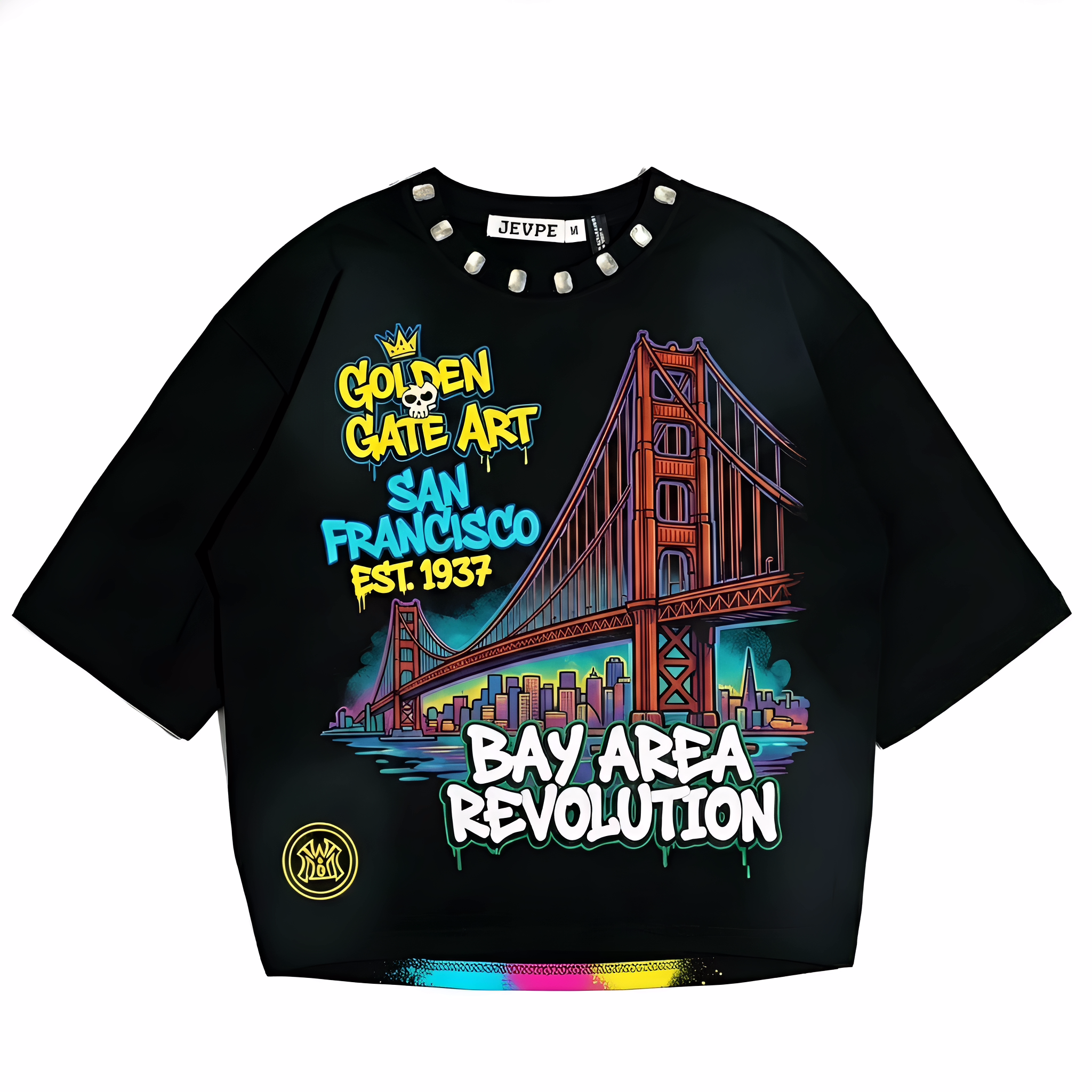 JEVPE men's oversized T-shirt featuring a San Francisco Golden Gate graphic and Bay Area streetwear style.