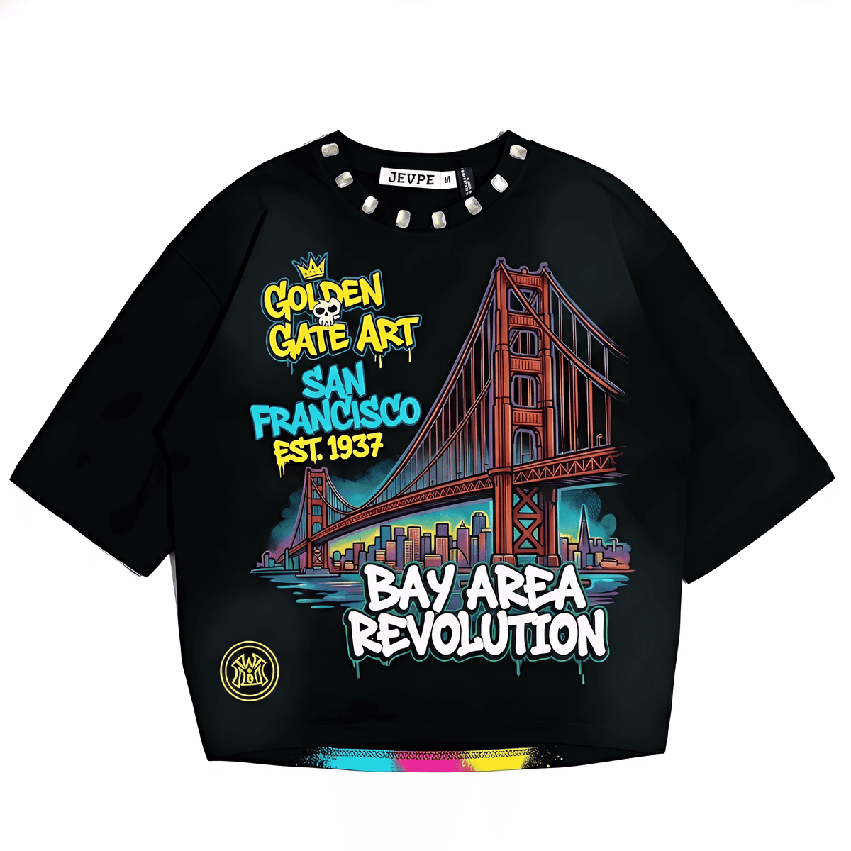 JEVPE men's oversized T-shirt featuring a San Francisco Golden Gate graphic and Bay Area streetwear style.