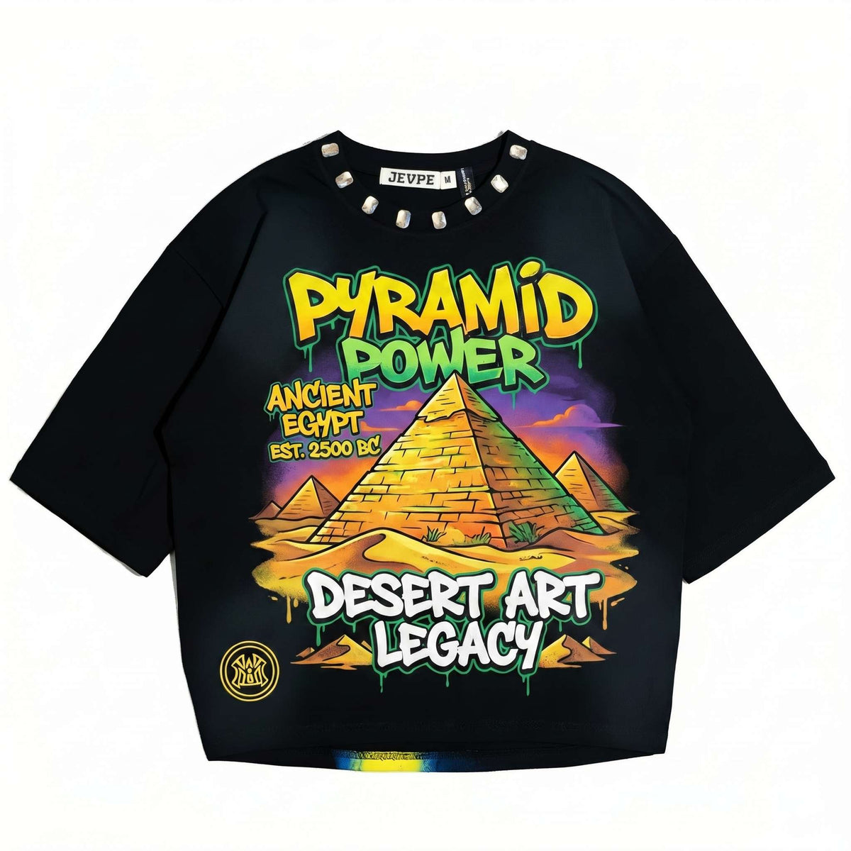 JEVPE men's oversized T-shirt with ancient Egypt pyramid graphic, Egyptian streetwear style, lightweight and casual fit.