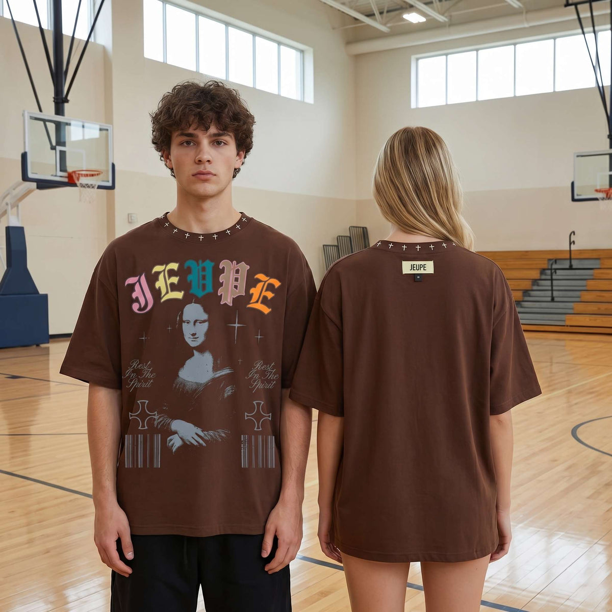 JEVPE men's oversized T-shirt featuring a Mona Lisa graphic, vintage gothic streetwear style, with bold artistic print.
