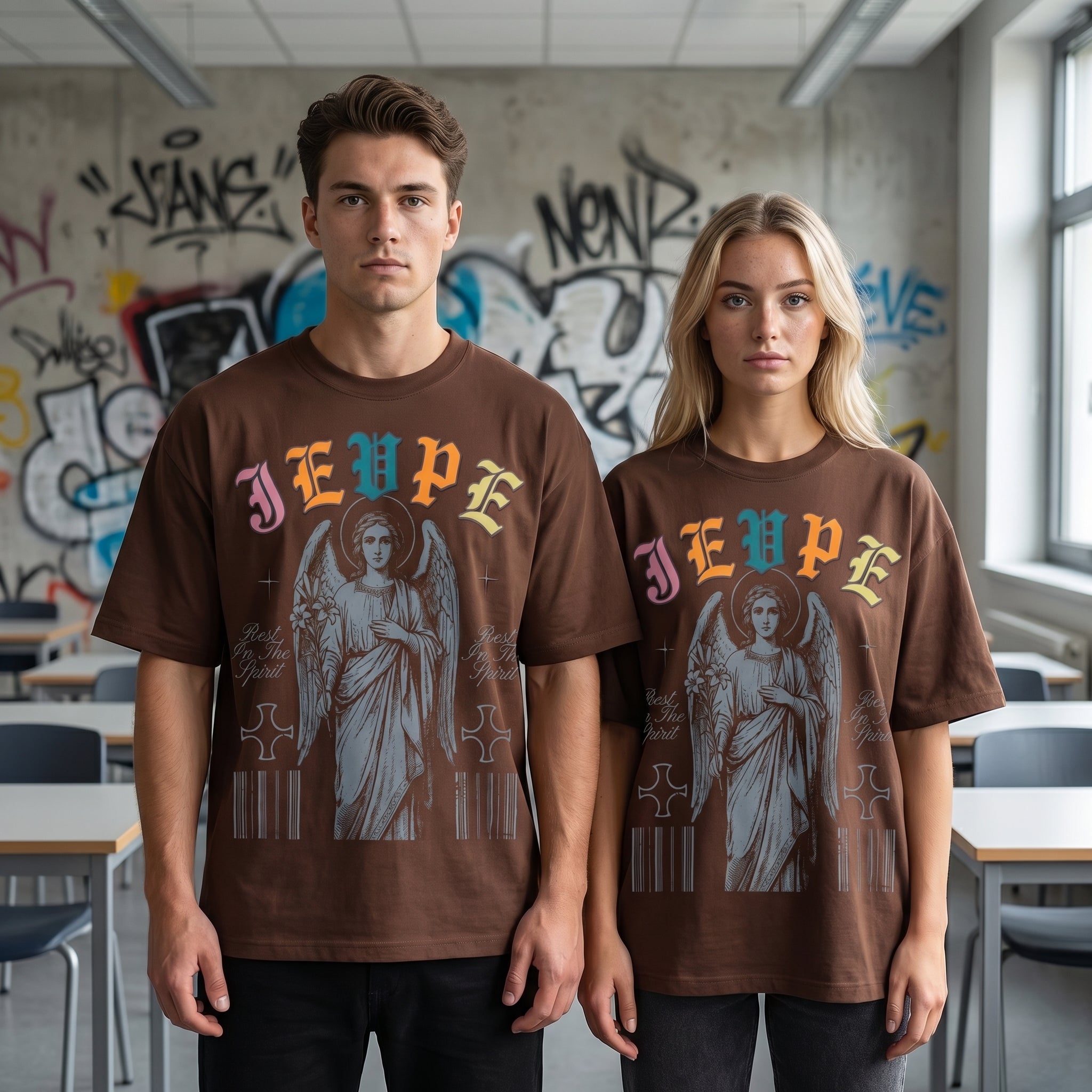 JEVPE men's oversized T-shirt featuring a gothic angel graphic and religious streetwear design.