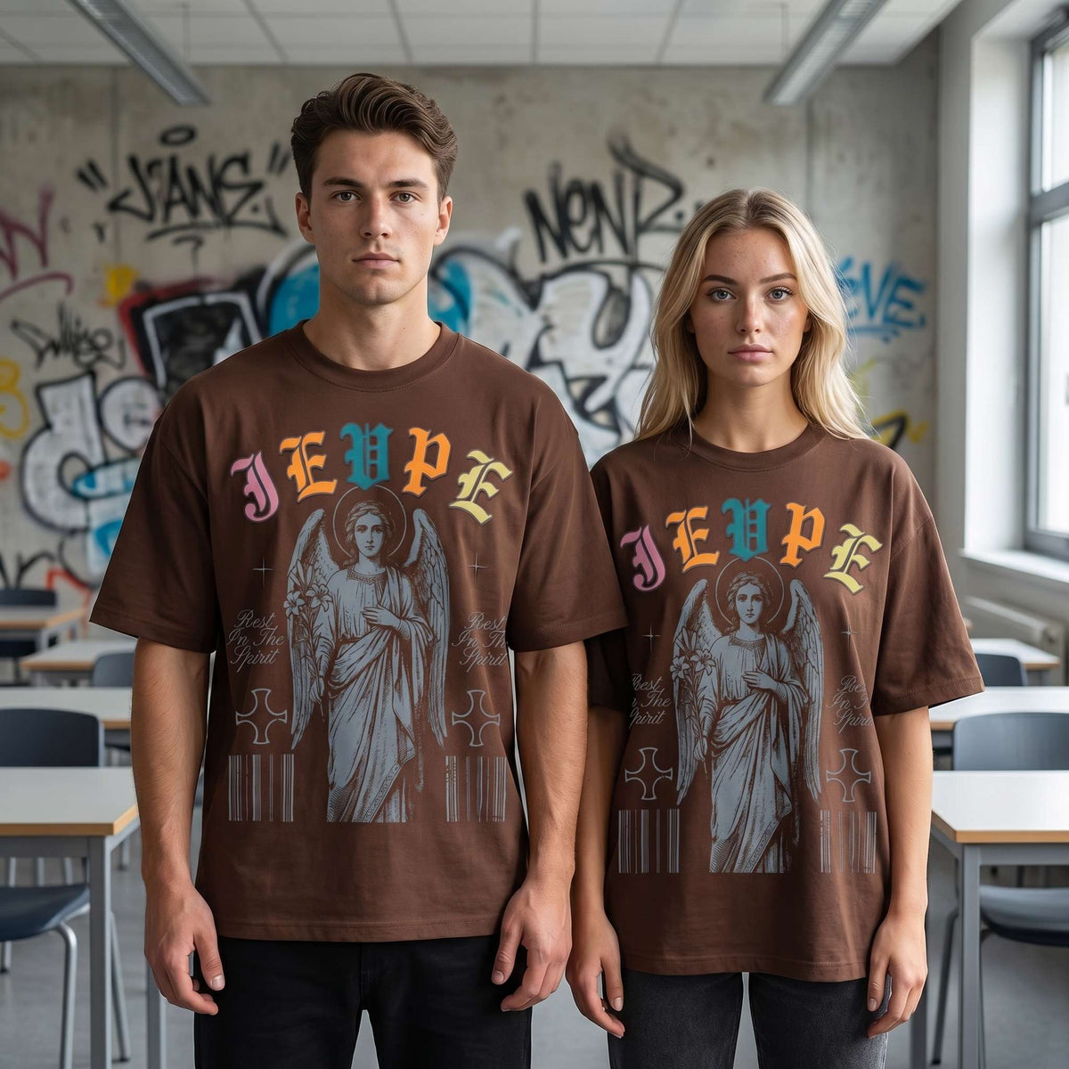JEVPE men's oversized T-shirt featuring a gothic angel graphic and religious streetwear design.