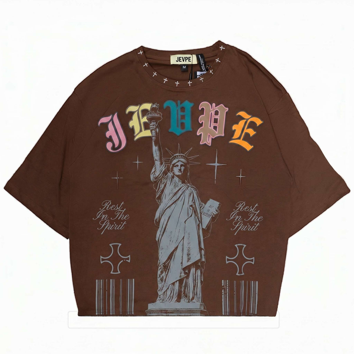 JEVPE Statue of Liberty graphic oversized T-shirt featuring vintage gothic streetwear style with bold Liberty design.