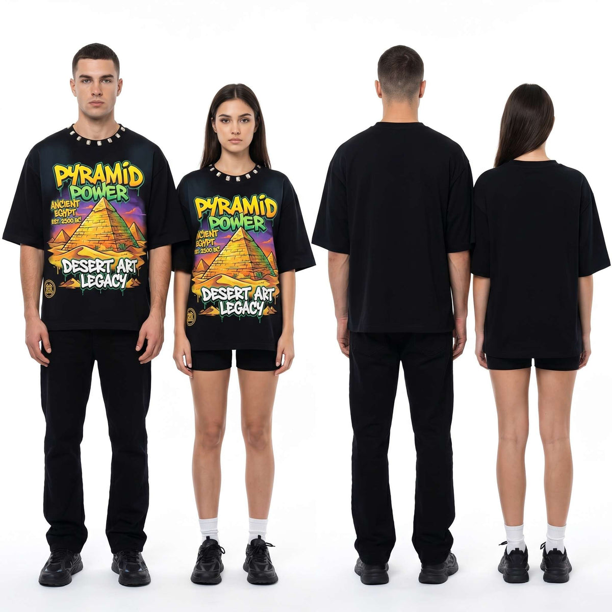 Men's oversized Egyptian streetwear T-shirt with pyramid graphic by JEVPE, featuring ancient Egypt design and bold style.