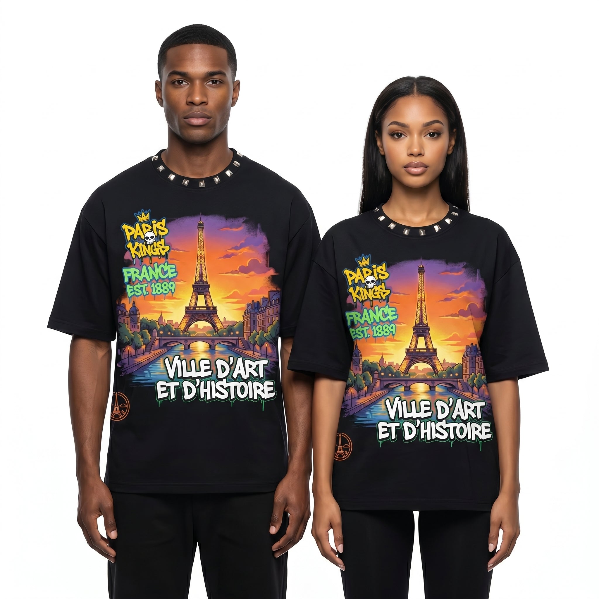 JEVPE men's Paris Eiffel Tower graphic oversized T-shirt featuring a stylish French streetwear design.