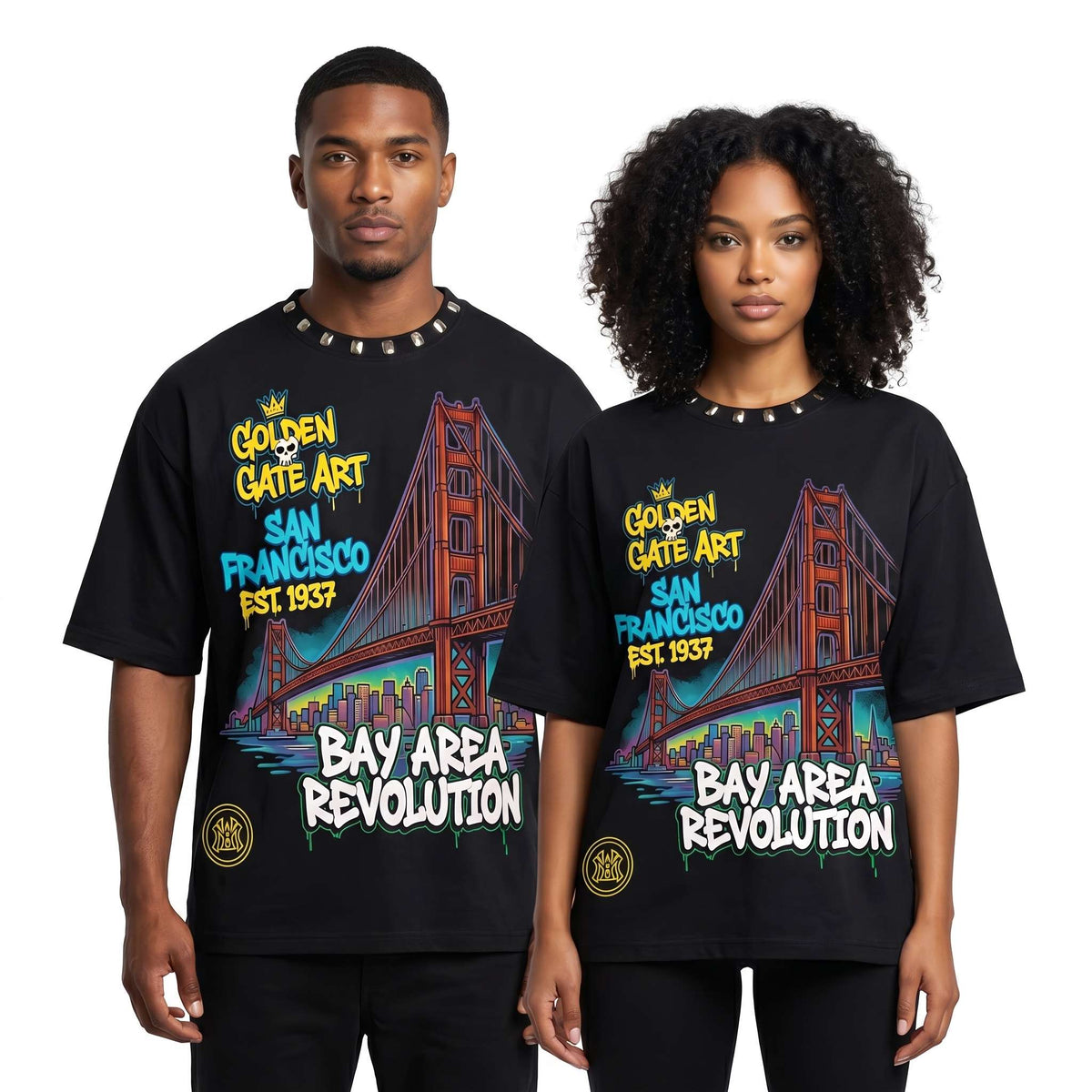 JEVPE men's oversized T-shirt featuring a San Francisco Golden Gate graphic and Bay Area streetwear style.