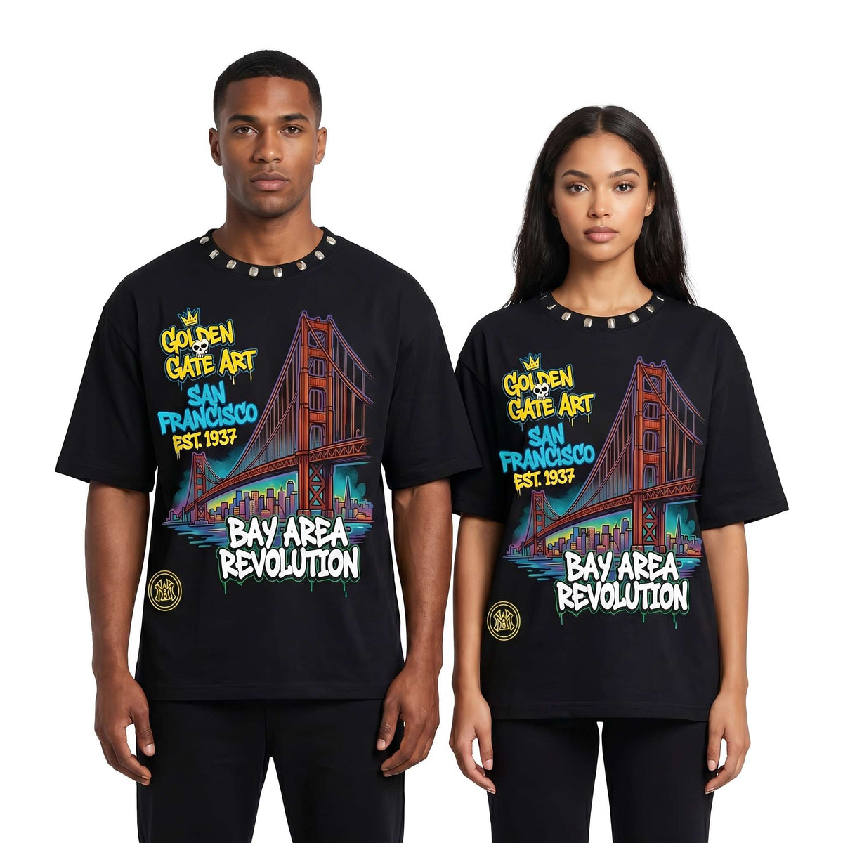 Men's oversized T-shirt by JEVPE featuring a San Francisco Golden Gate graphic and Bay Area streetwear style.