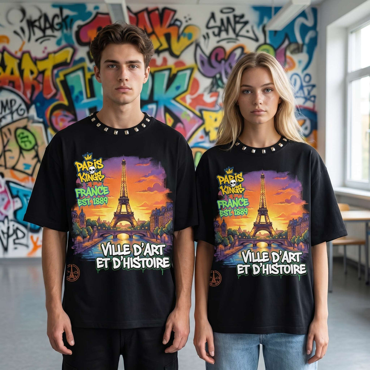 JEVPE men's oversized Paris Eiffel Tower graphic T-shirt featuring a French streetwear style, with a large Eiffel Tower print on the front.