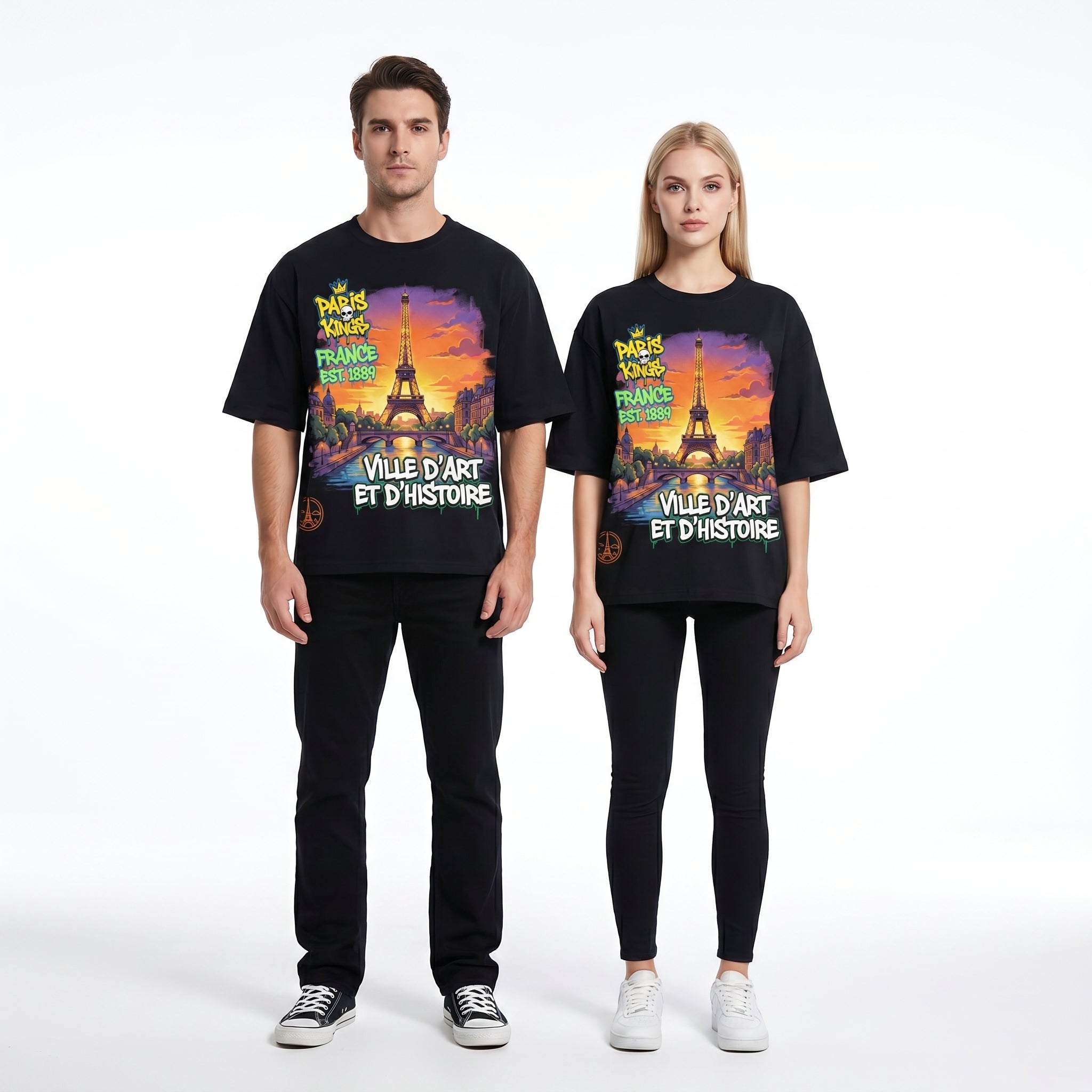 Men's oversized T-shirt featuring a Paris Eiffel Tower graphic, French streetwear style by JEVPE, with a relaxed fit and bold design.