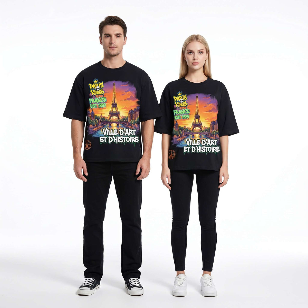 Men's oversized T-shirt featuring a Paris Eiffel Tower graphic, French streetwear style by JEVPE, with a relaxed fit and bold design.