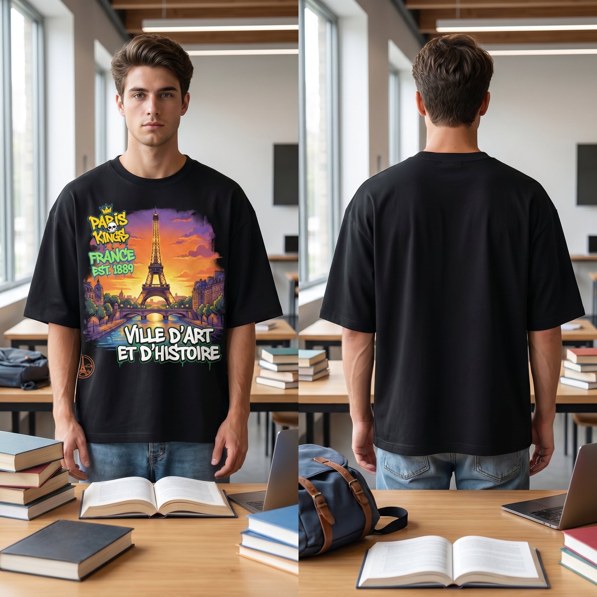JEVPE men's oversized T-shirt featuring a Paris Eiffel Tower graphic and French streetwear style, casual and trendy fit.