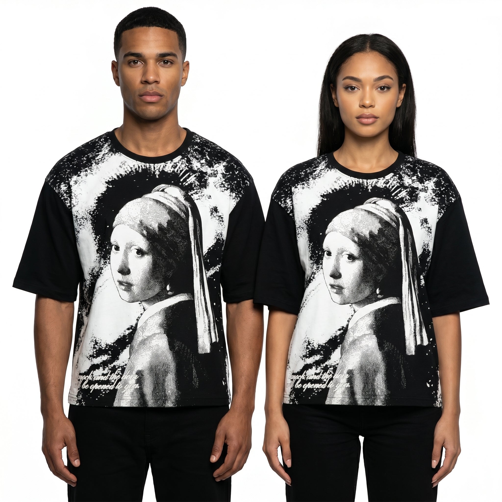 JEVPE men's oversized T-shirt featuring a vintage-inspired graphic of a girl with a pearl earring, streetwear style.