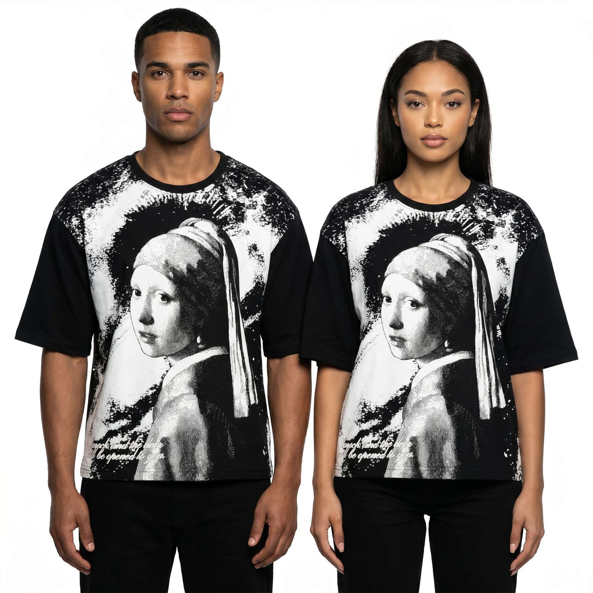 JEVPE men's oversized T-shirt featuring a vintage-inspired graphic of a girl with a pearl earring, streetwear style.