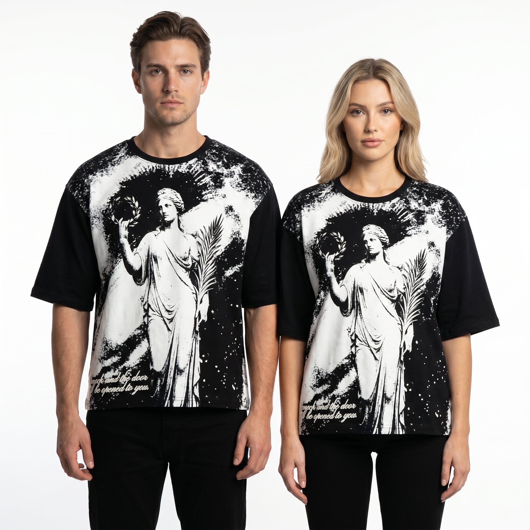 JEVPE men's oversized T-shirt featuring vintage Greek goddess statue graphic, streetwear style with bold artistic print.
