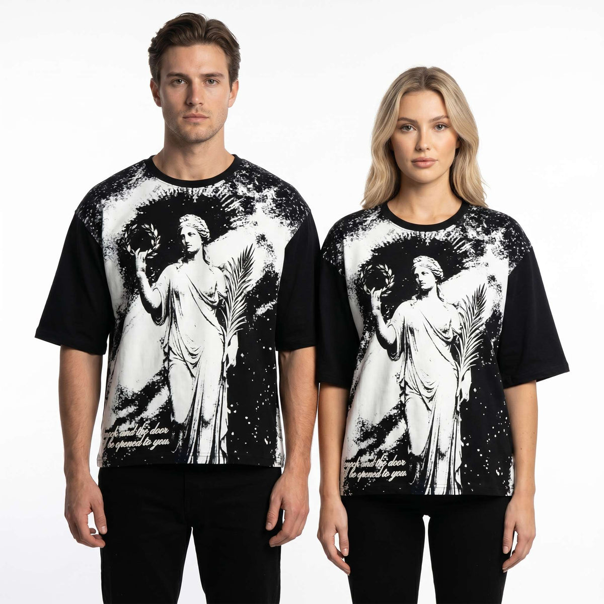 JEVPE men's oversized T-shirt featuring vintage Greek goddess statue graphic, streetwear style with bold artistic print.