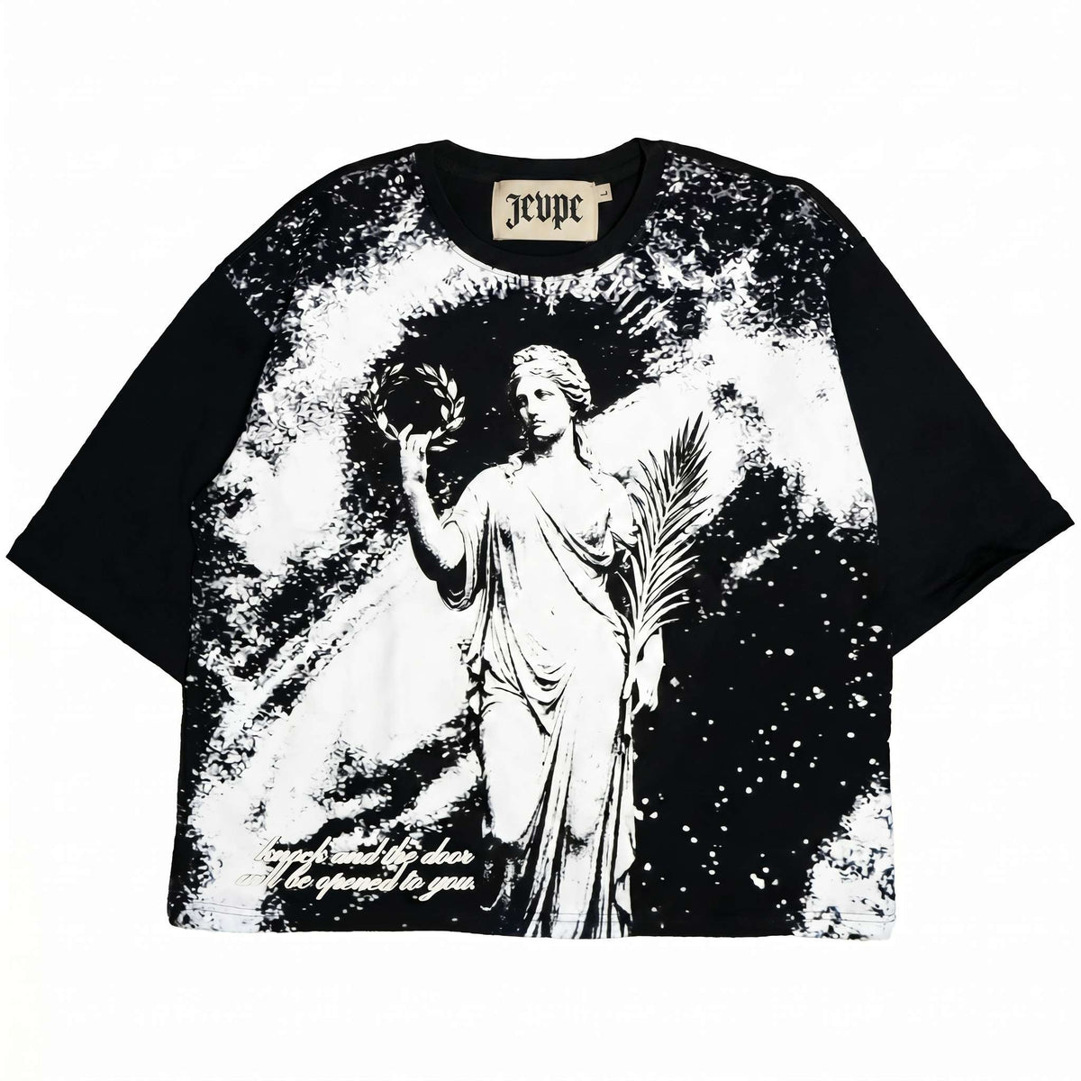 JEVPE men's oversized T-shirt featuring Greek goddess statue graphic, vintage art streetwear style, casual and trendy clothing.