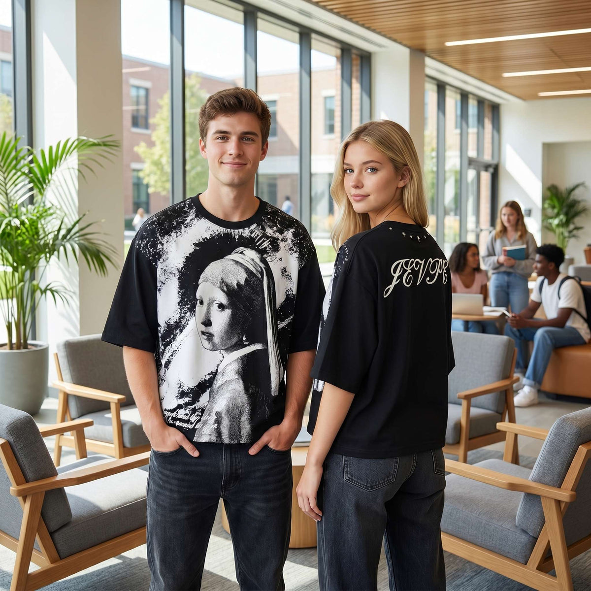 JEVPE men's oversized T-shirt featuring a vintage-inspired Girl with a Pearl Earring graphic, streetwear style and artistic design.