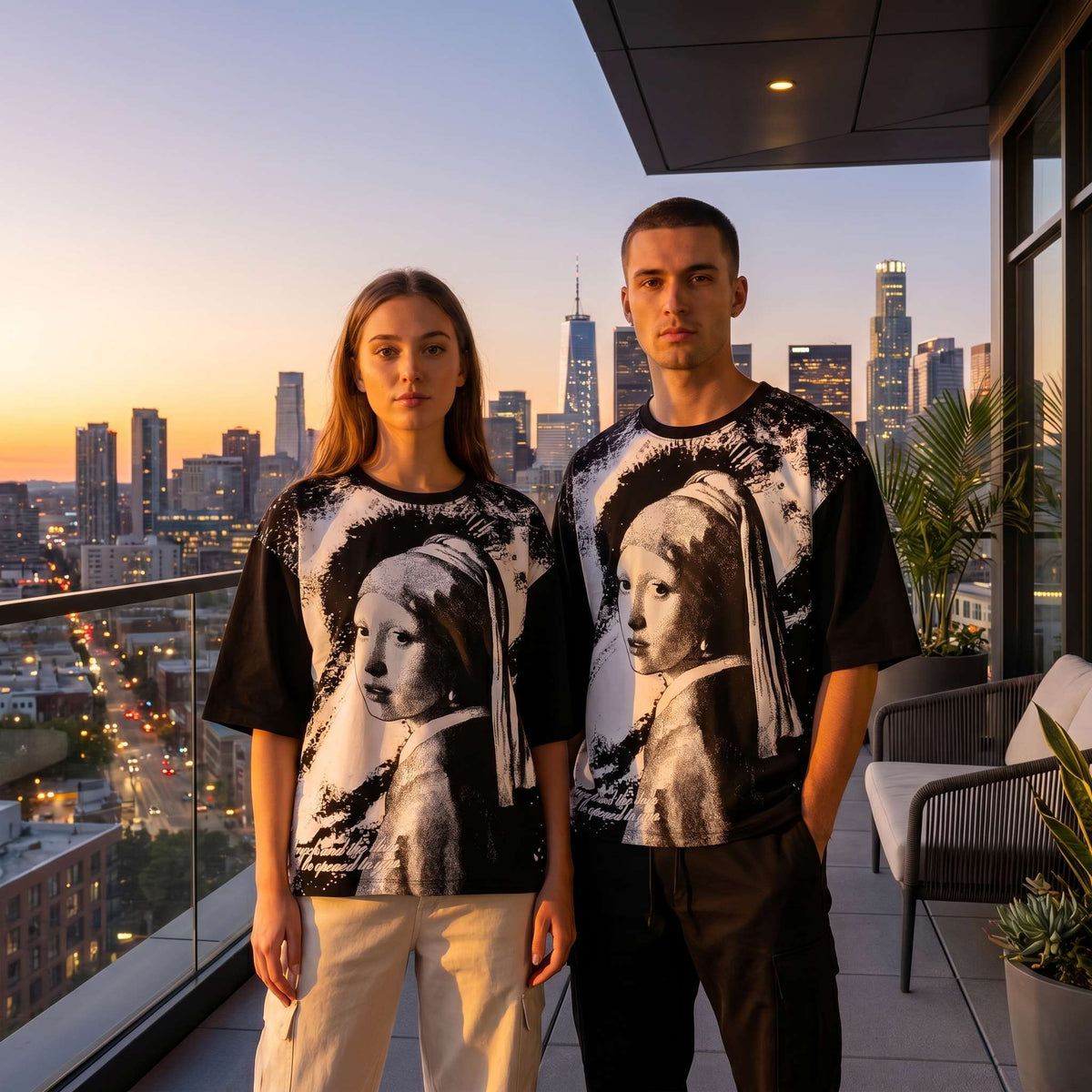 JEVPE men's oversized T-shirt featuring a vintage-style Girl with a Pearl Earring graphic, streetwear-inspired art design