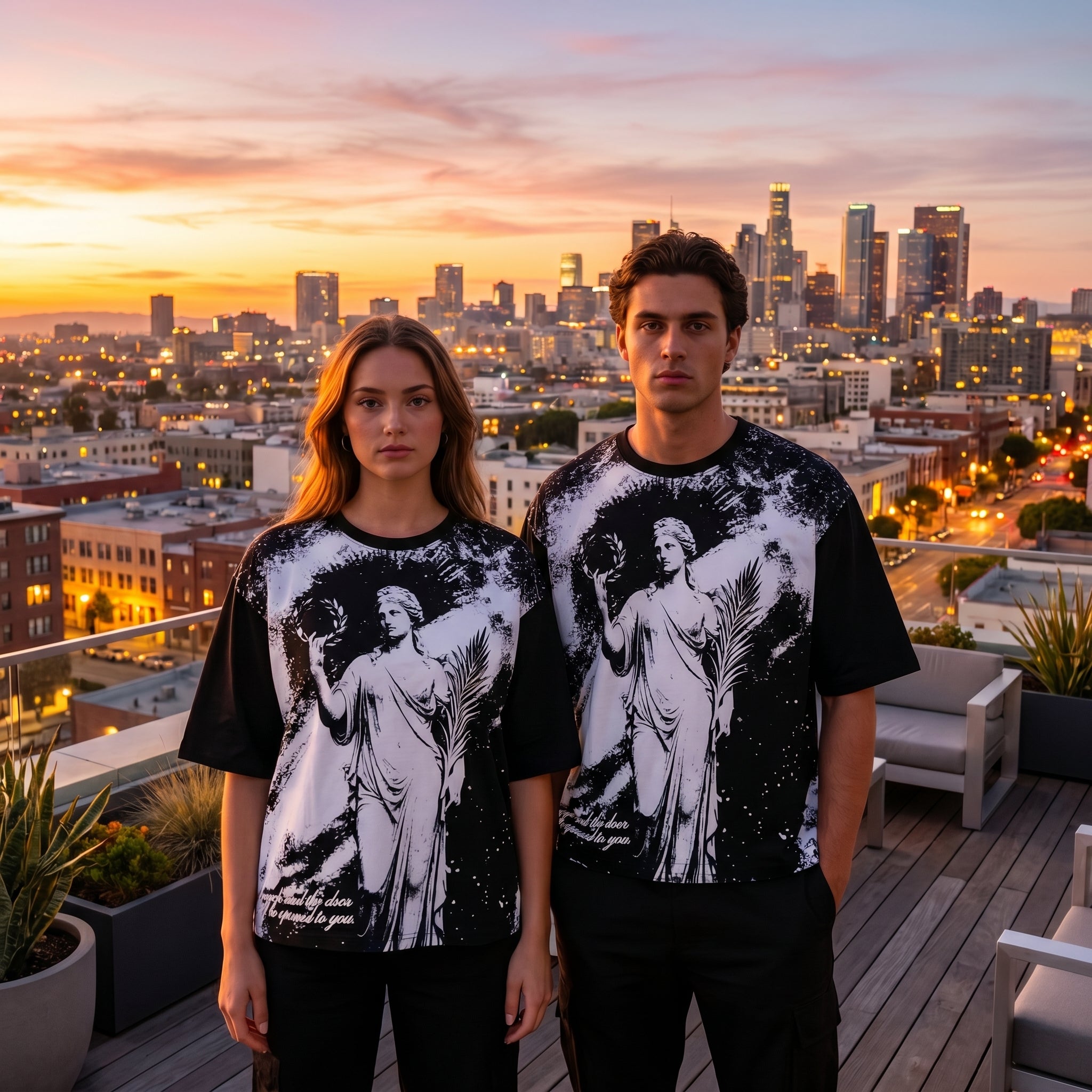 JEVPE men's oversized T-shirt featuring Greek goddess statue vintage art graphic, streetwear style with bold, artistic design.