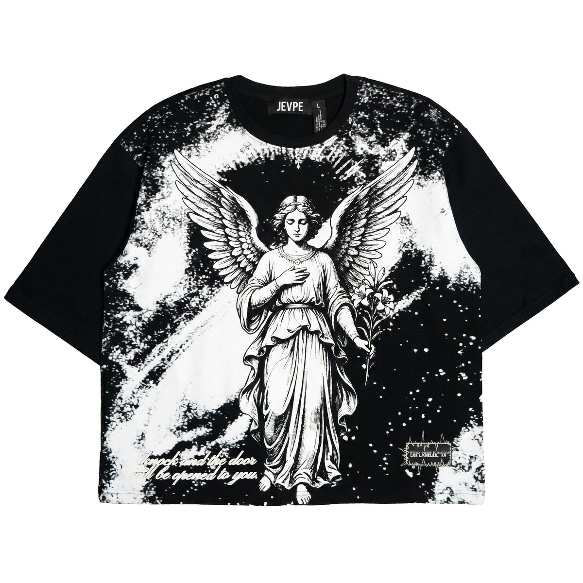 JEVPE oversized T-shirt featuring an angel graphic and vintage religious streetwear style, with a relaxed fit and bold design.