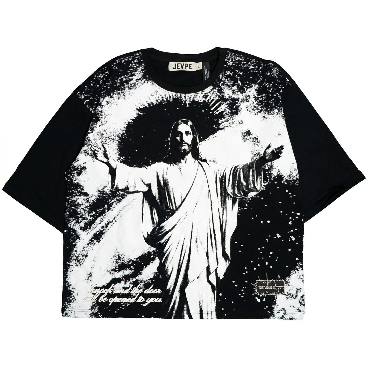 JEVPE Jesus graphic oversized T-shirt featuring vintage religious streetwear style, with a bold Jesus portrait on the front.