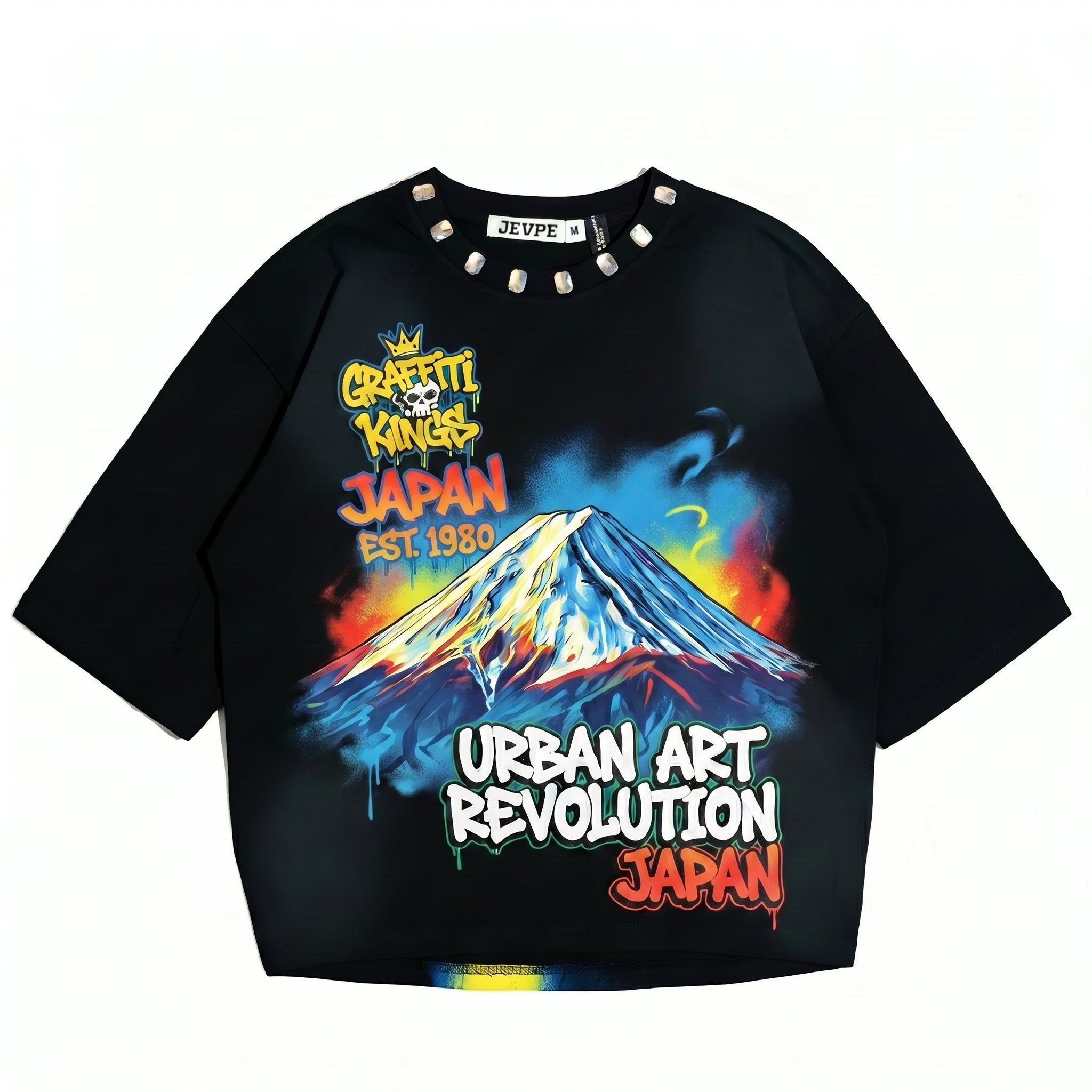 JEVPE Mount Fuji graffiti oversized T-shirt featuring Japanese urban streetwear design with bold mountain and graffiti print.