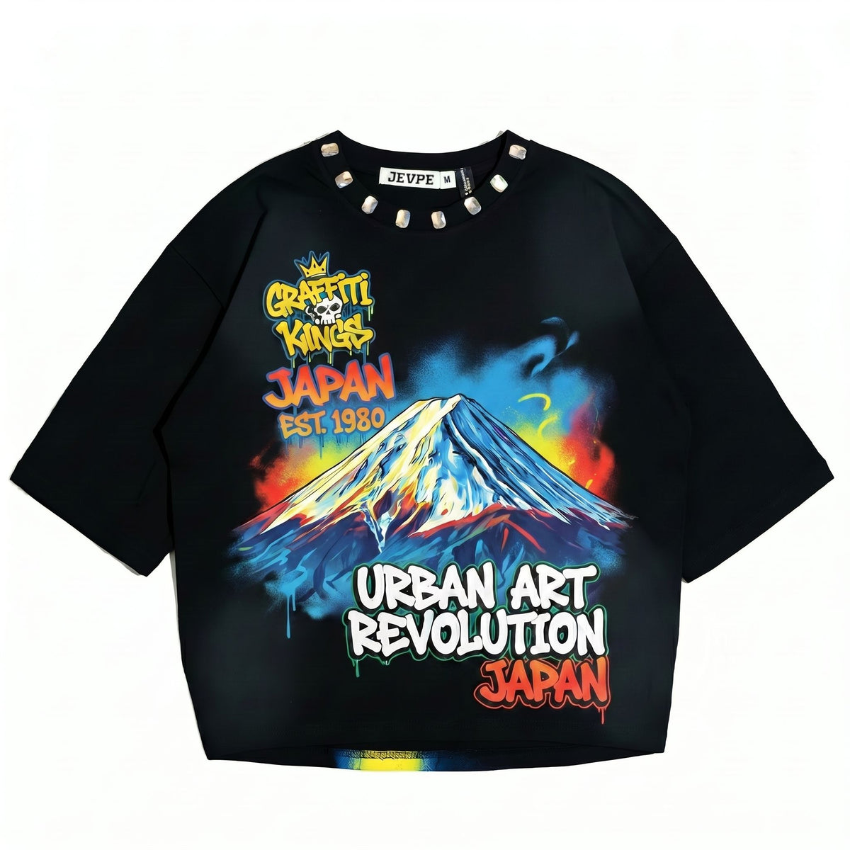 JEVPE Mount Fuji graffiti oversized T-shirt featuring Japanese urban streetwear design with bold mountain and graffiti print.