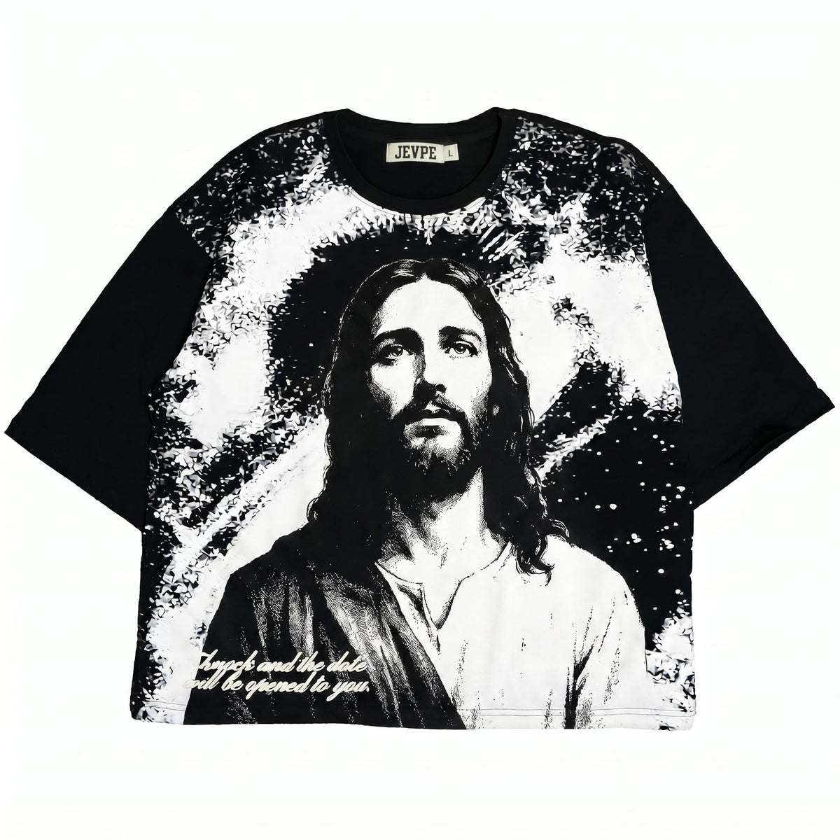 JEVPE Jesus portrait graphic oversized T-shirt featuring vintage religious streetwear style, with a large Jesus image on the front.