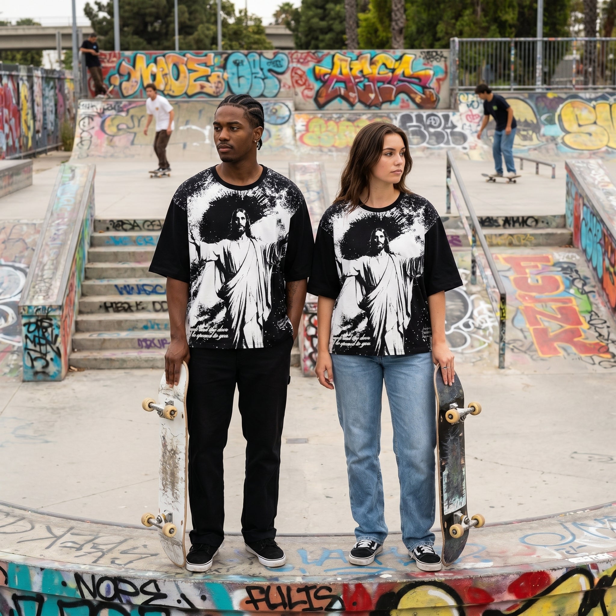 JEVPE Jesus graphic oversized T-shirt featuring vintage religious streetwear style with bold Jesus portrait print.
