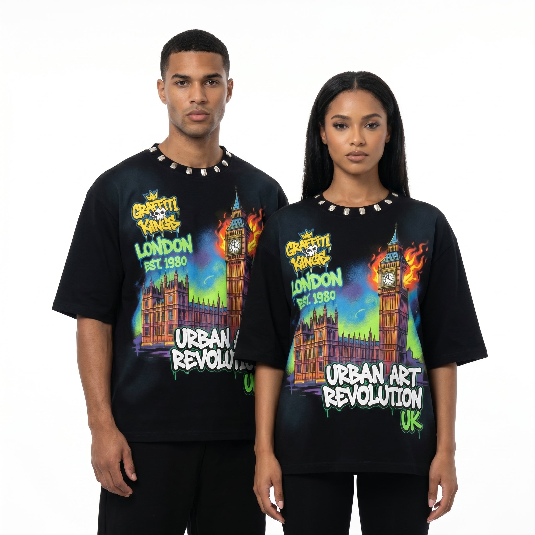 JEVPE London Big Ben graffiti oversized T-shirt featuring urban street art design on soft cotton fabric.