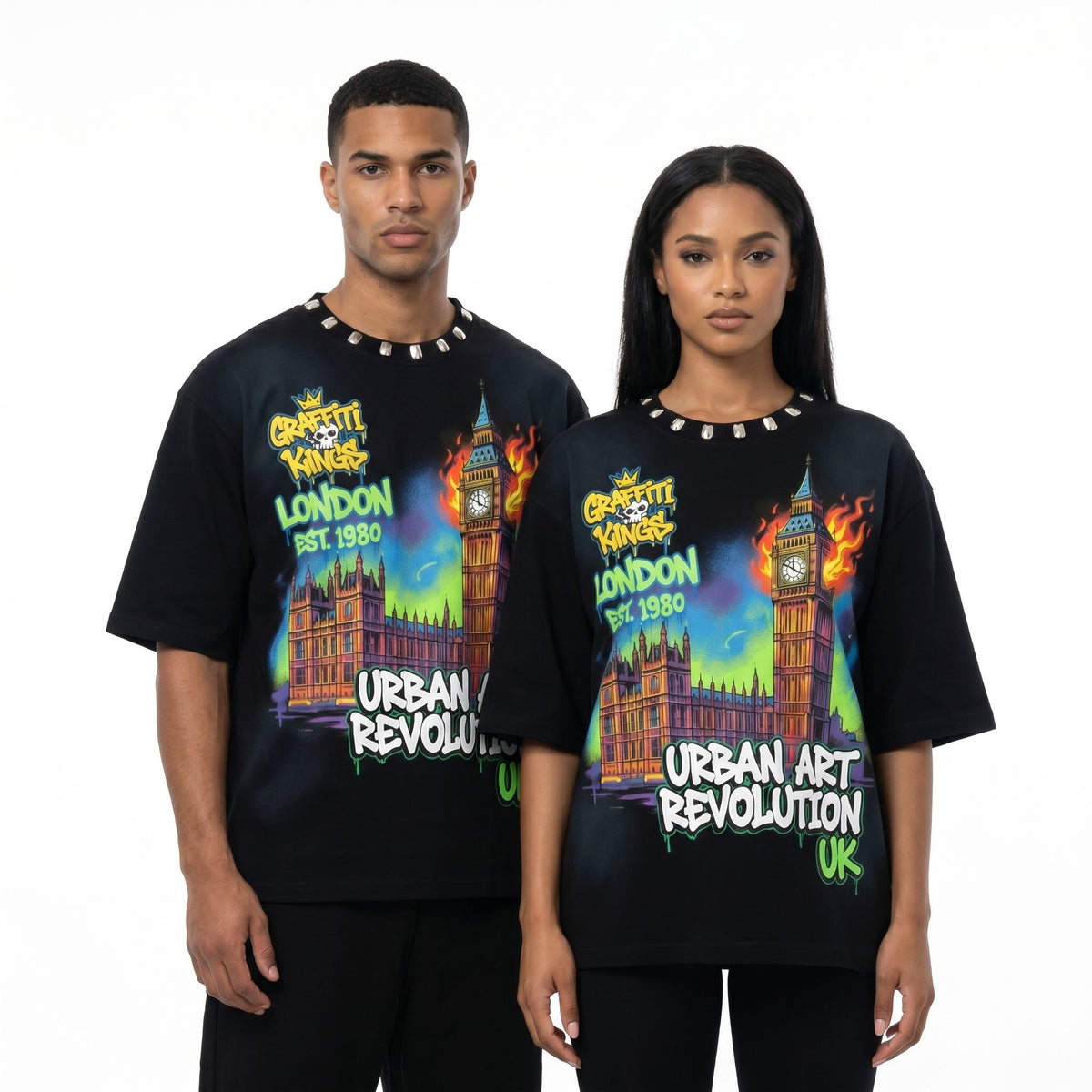 JEVPE London Big Ben graffiti oversized T-shirt featuring urban street art design on soft cotton fabric.