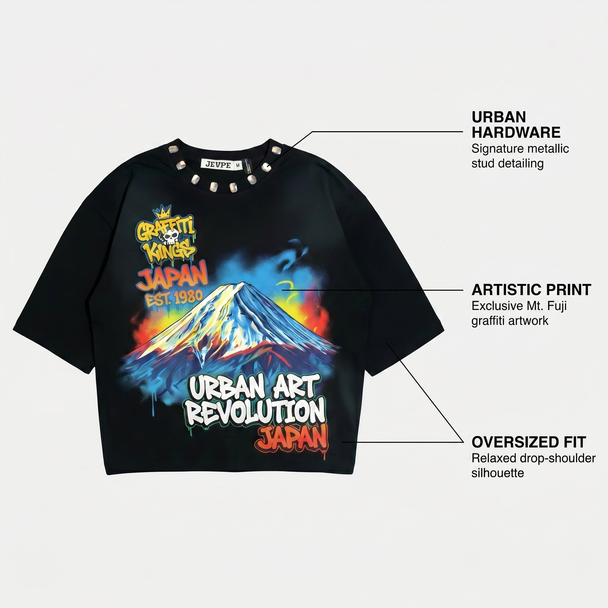 JEVPE Mount Fuji graffiti oversized T-shirt featuring Japanese urban streetwear design with bold Mount Fuji graphic and vibrant graffiti art.