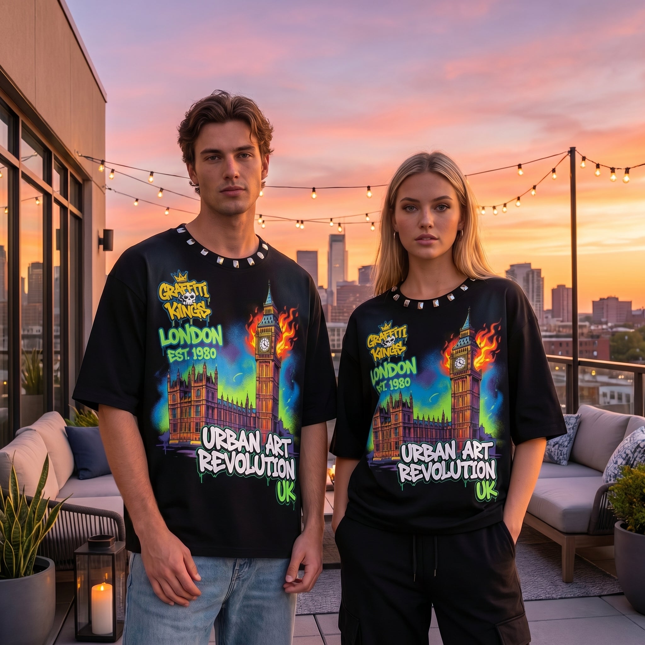 JEVPE London Big Ben graffiti oversized T-shirt with urban street art design and bold graphic print on soft cotton fabric