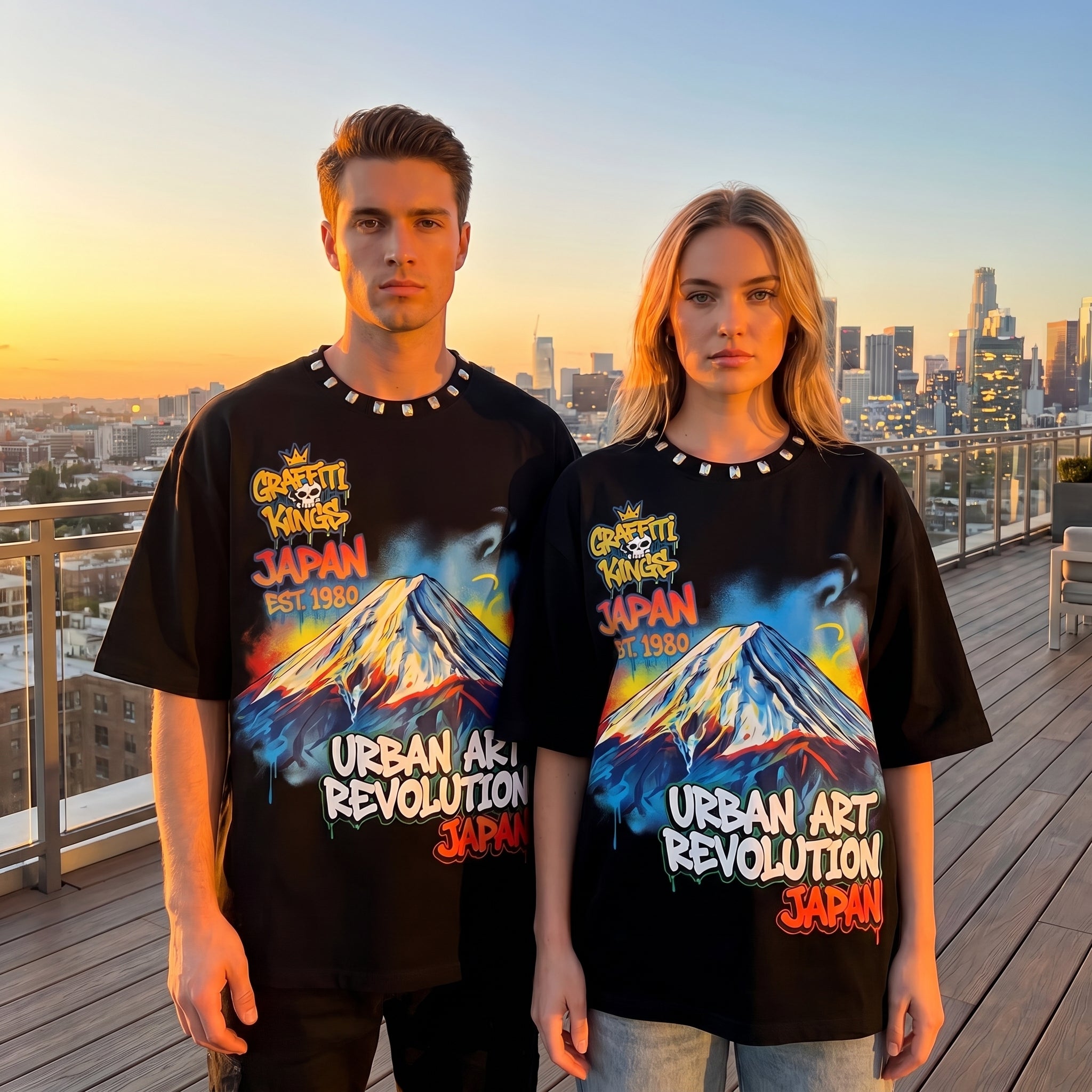 JEVPE Mount Fuji graffiti oversized T-shirt featuring Japanese urban streetwear style with bold mountain and graffiti artwork