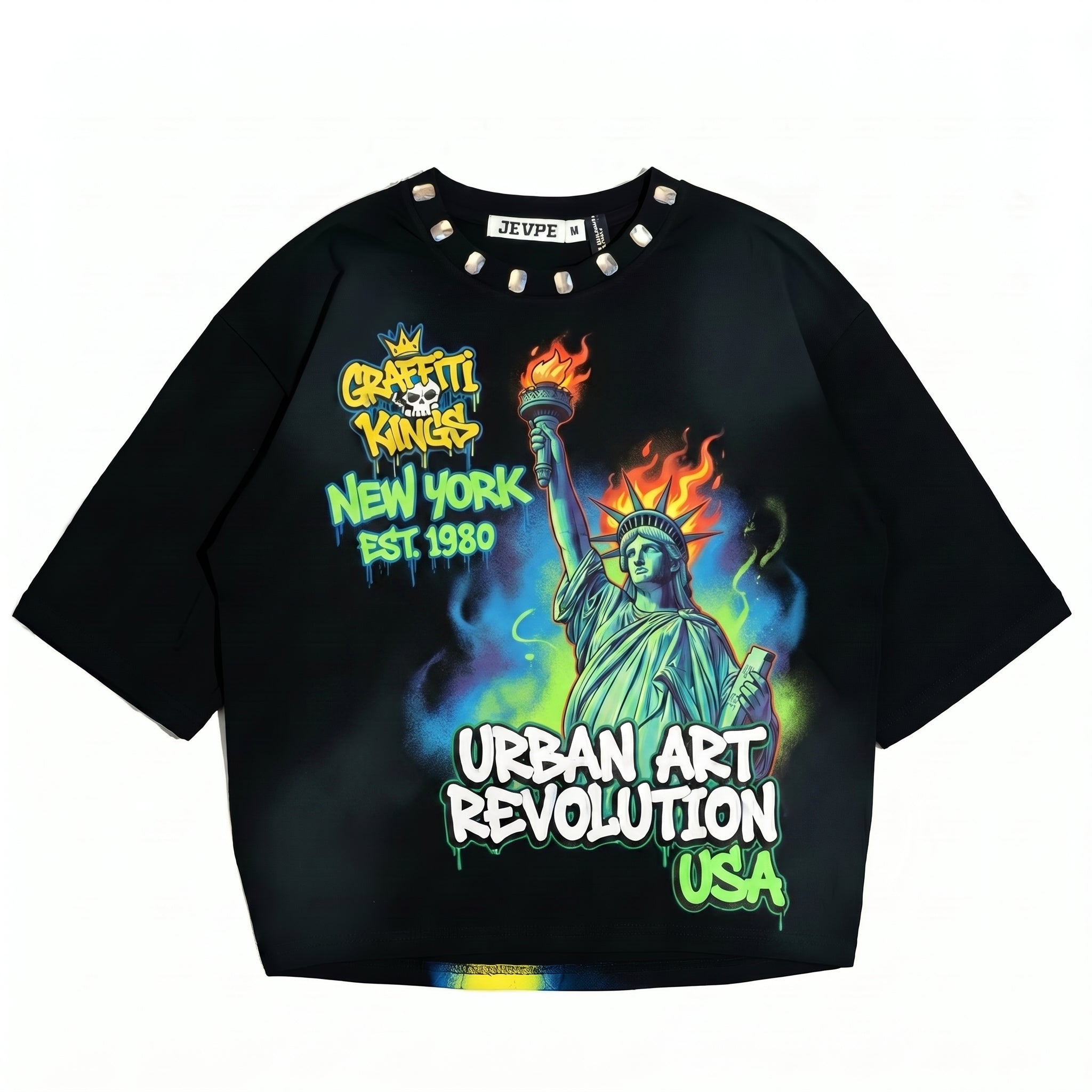JEVPE oversized T-shirt featuring a graffiti-style Statue of Liberty design, urban streetwear style, black color, casual fit.