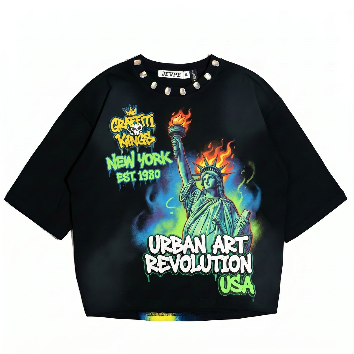 JEVPE oversized T-shirt featuring a graffiti-style Statue of Liberty design, urban streetwear style, black color, casual fit.